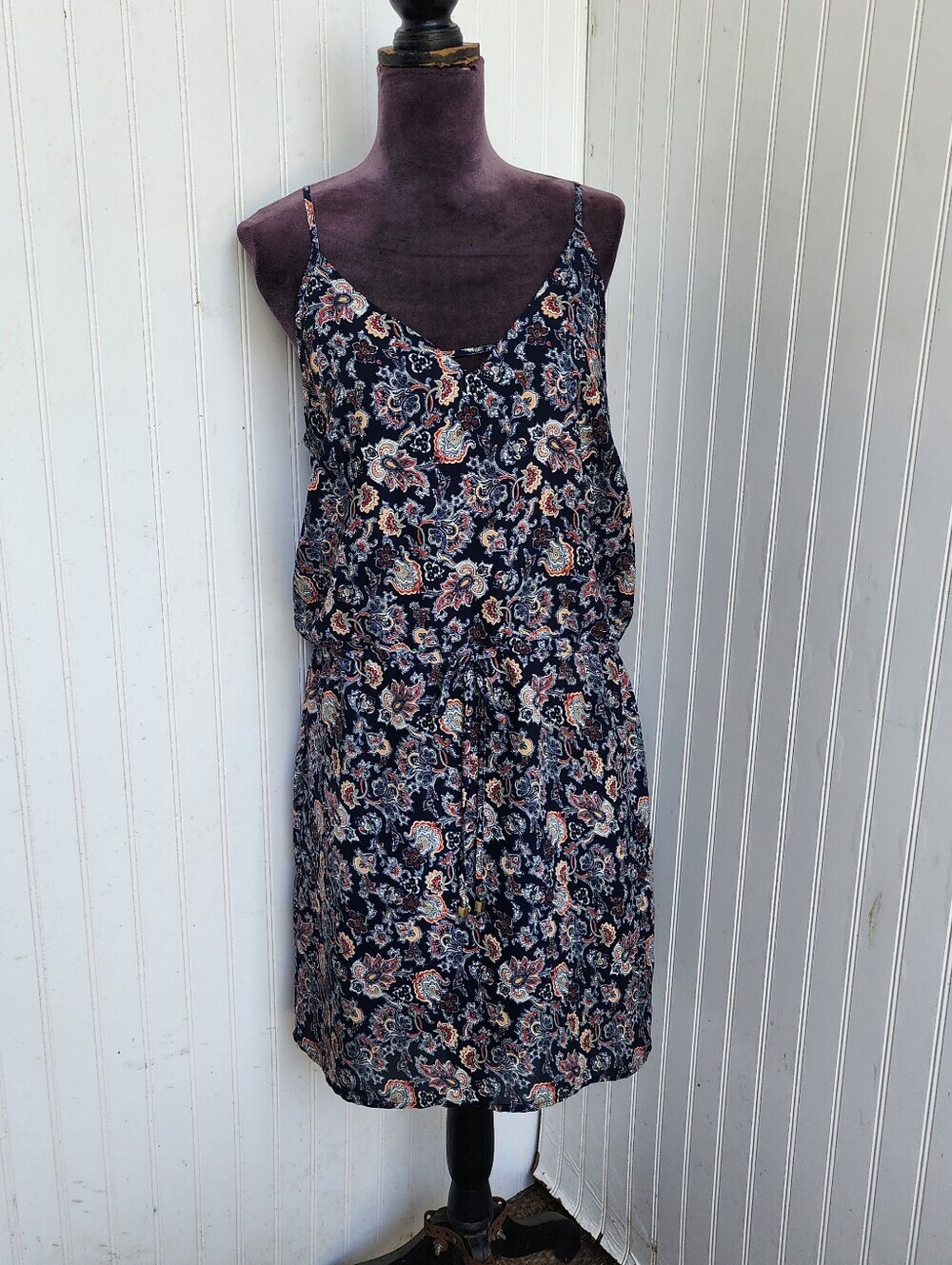 ARTISAN NY SUN DRESS Women's Strappy Navy Blue Paisley Print Fully Lined Sz 10